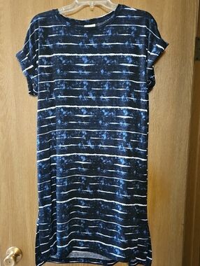 Navy and Light Blue Striped Tie-Dye Shift Dress